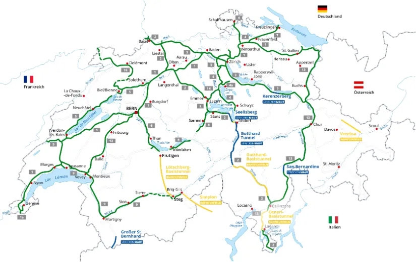 Alle Schweizer Autobahn und bahn tunnel