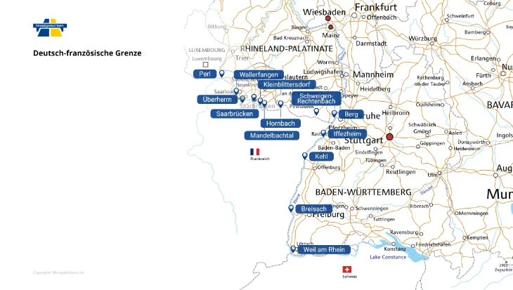 Detail-Karte der 13 bekanntesten Grenzübergänge zwischen Deutschland und Frankreich