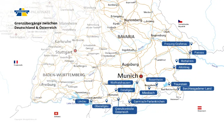 Karte der 14 wichtigsten Grenzübergänge zwischen Deutschland und der Schweiz