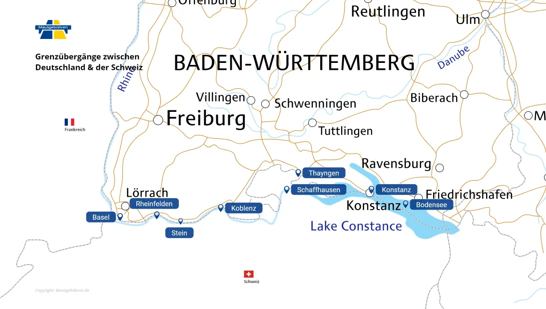 Detail-Karte der 8 bekanntesten Grenzübergänge zwischen Deutschland und der Schweiz