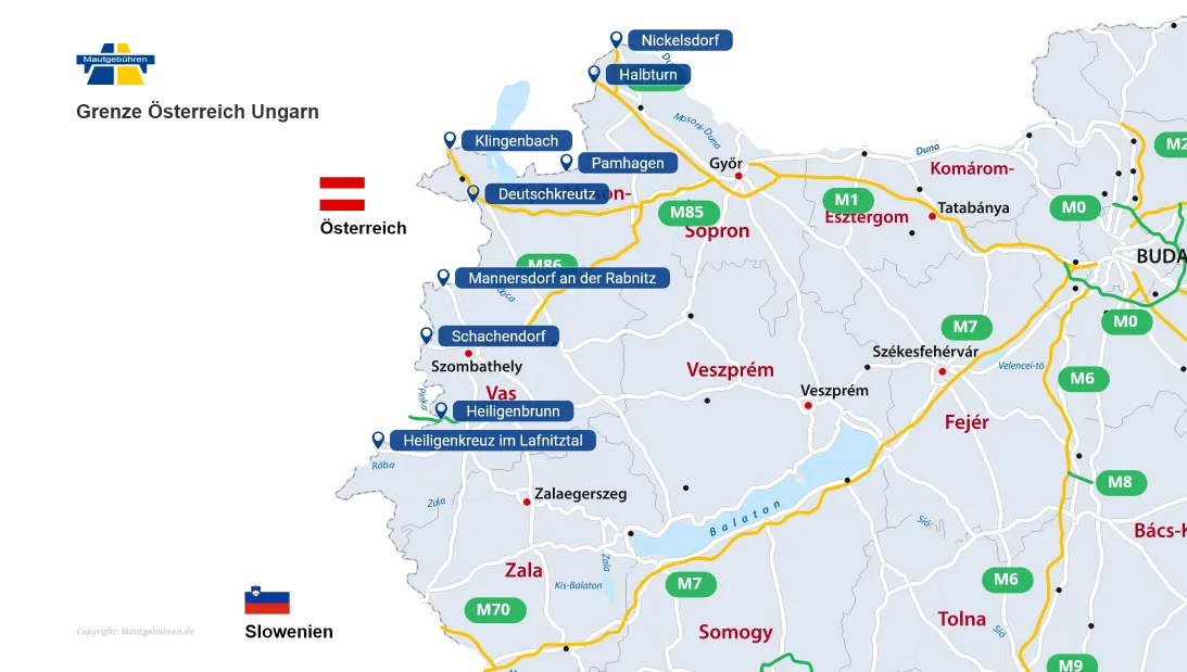Detail-Karte der 9 bekanntesten Grenzübergänge zwischen Österreich und Ungarn