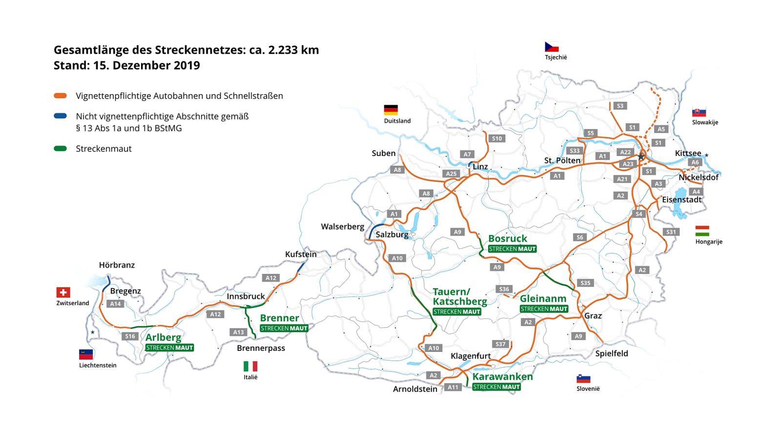 Strecken in Österreich ohne Maupflicht