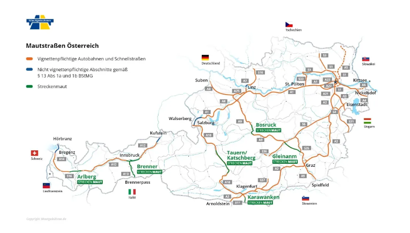 Übersicht über alle vignettenpflichtigen österreichischen Autobahnen