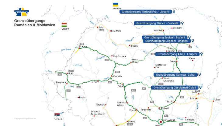 An der Grenze zwischen der Republik Moldau und Rumänien gibt es 8 internationale Übergänge, über die Transport- und Personenverkehr erfolgen.