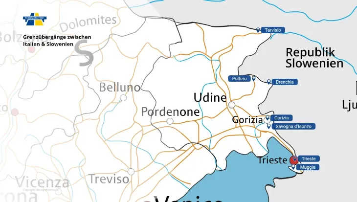 Detail-Karte der 7 bekanntesten Grenzübergänge zwischen Italien und Slowenien
