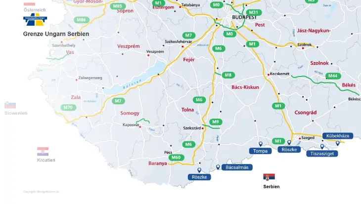 Detail-Karte der 6 bekanntesten Grenzübergänge zwischen Ungarn und Serbien