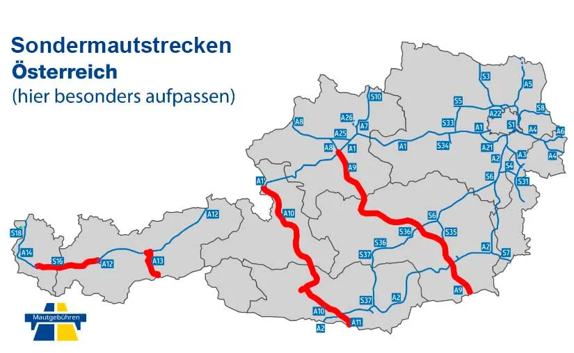 Detail-Karte mit Sondermautstrecken in Österreich