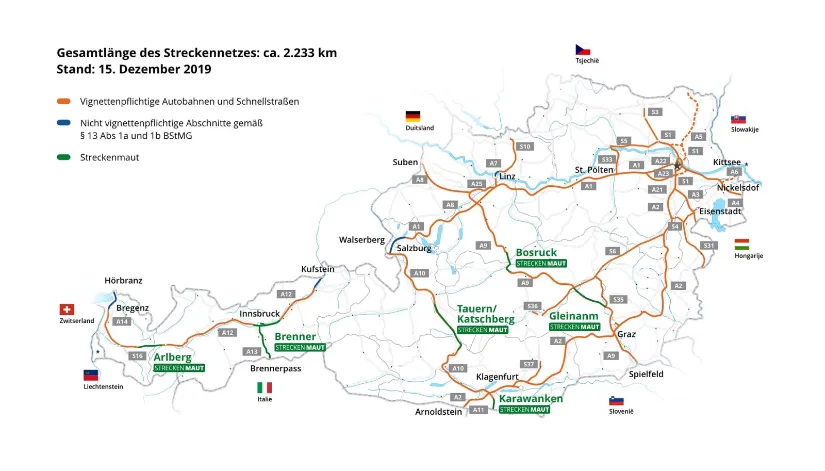 Detail-Karte mit Mautpflicht-Strecken in Österreich