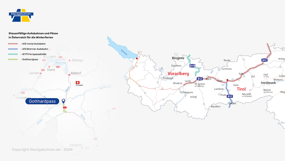 Karte mit stau-anfälligen Autobahnen und Pässen in Österreich